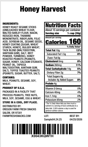 OREGON FARM FRESH SNACKS etiqueta que muestra origen local Oregon