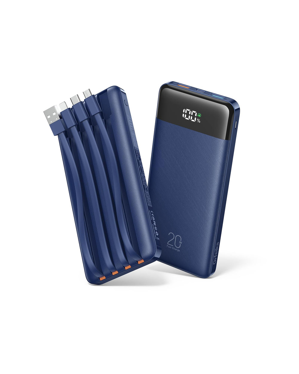 Orfeika vista frontal del power bank con embalaje y accesorios, práctico para viajar