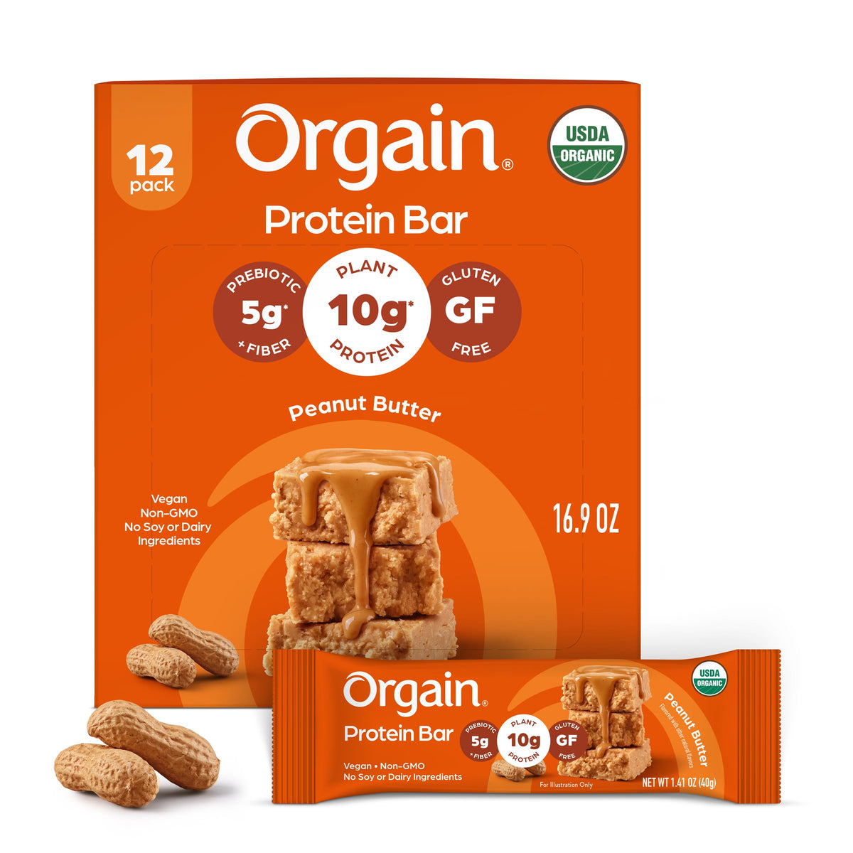 Orgain paquete delantero mostrando 12 barras, ideal para snacks portátiles