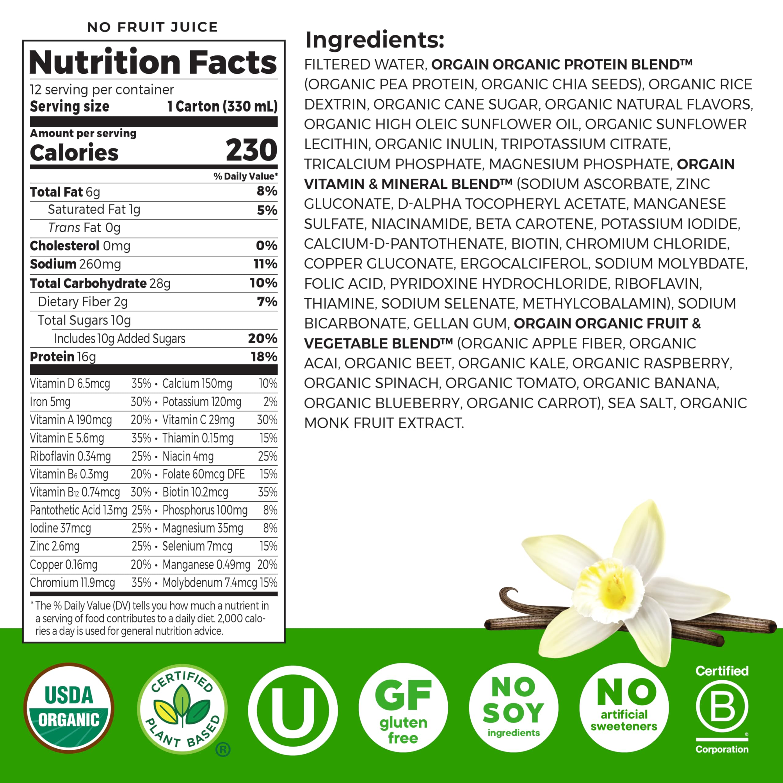 Orgain etiqueta en detalle resaltando ingredientes orgánicos