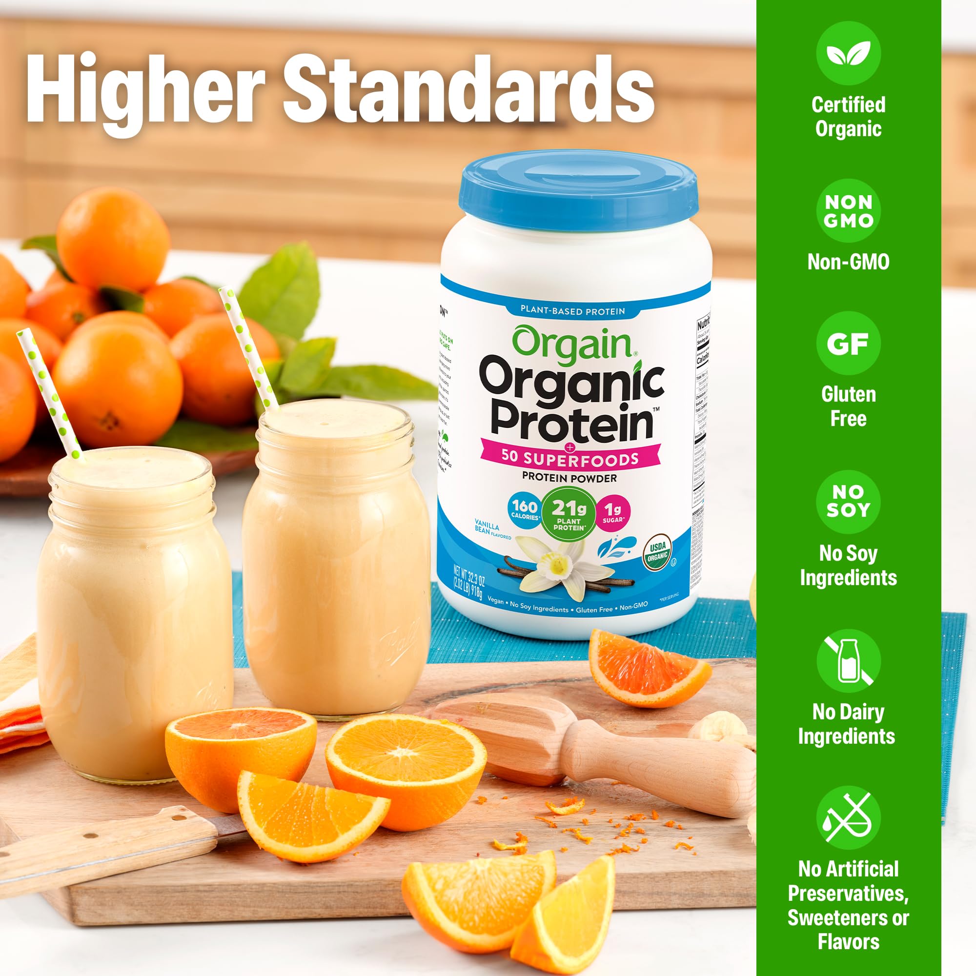 Vaso con batido Orgain Vainilla preparado, ideal para desayuno nutritivo rápido