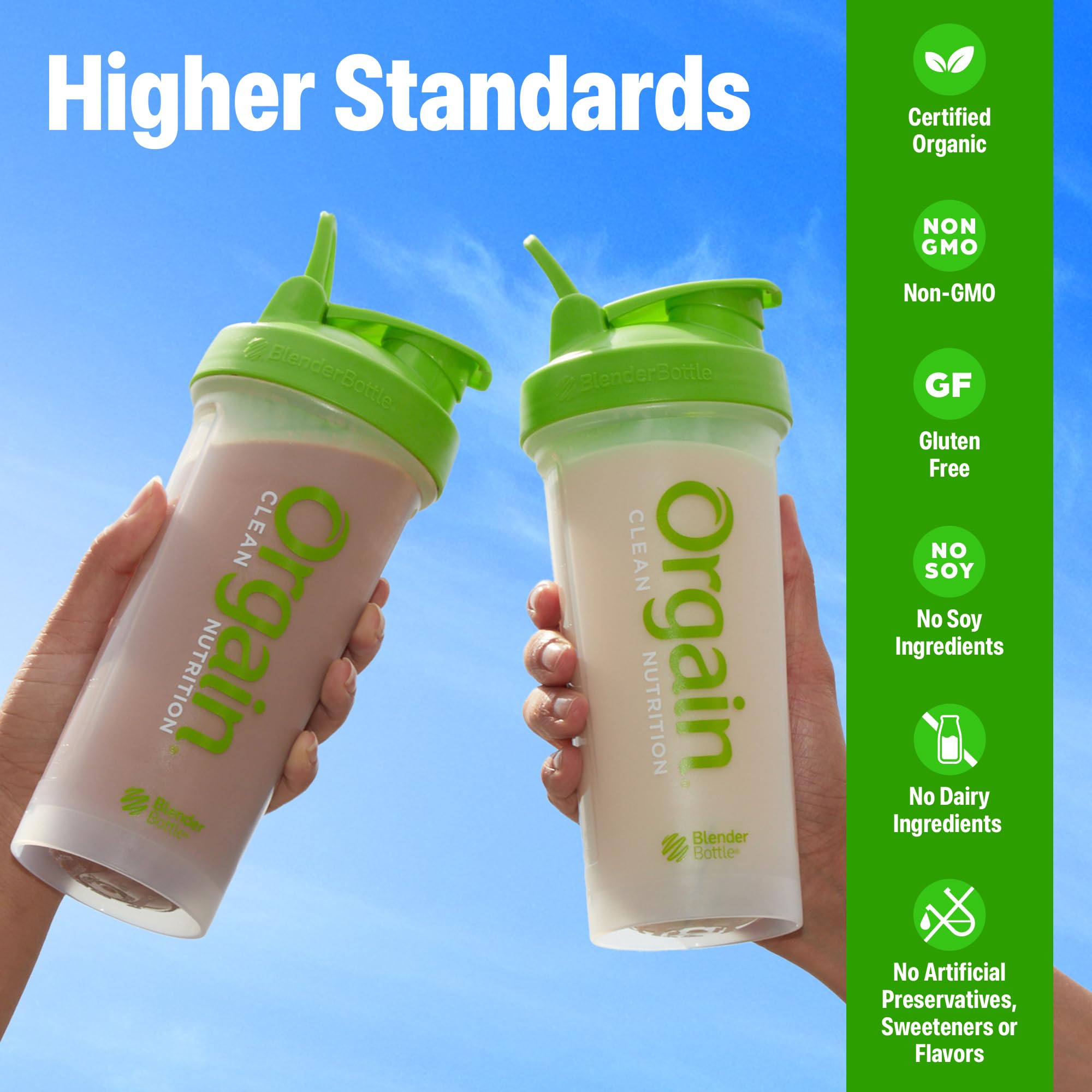 Orgain batido en vaso en mano, sabor vainilla y recuperación