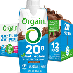 Orgain botella frontal sabor chocolate mostrando diseño y beneficios prácticos