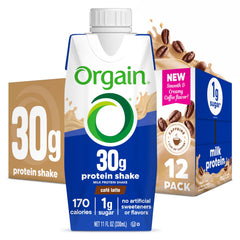 Orgain café latte frente pack mostrando la botella y beneficio práctico