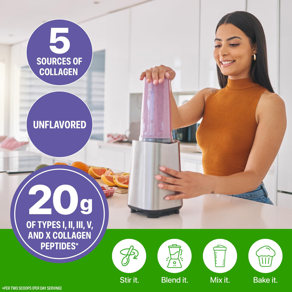 Cucharada con porción de Orgain Multi Collagen que muestra la dosis diaria recomendada