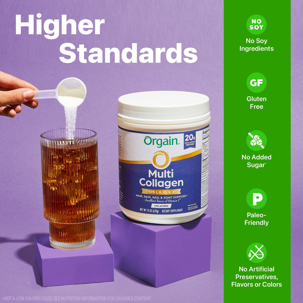 Frasco Orgain 15 oz al lado de regla para comparar tamaño y cantidad en envase