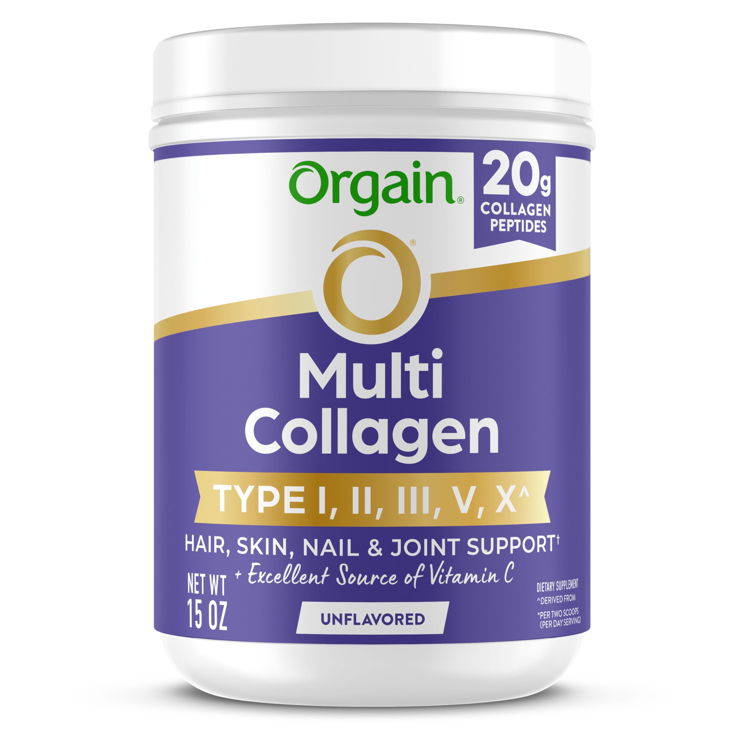 Orgain frasco de Multi Collagen en polvo mostrando presentación frontal y beneficio de 20 g