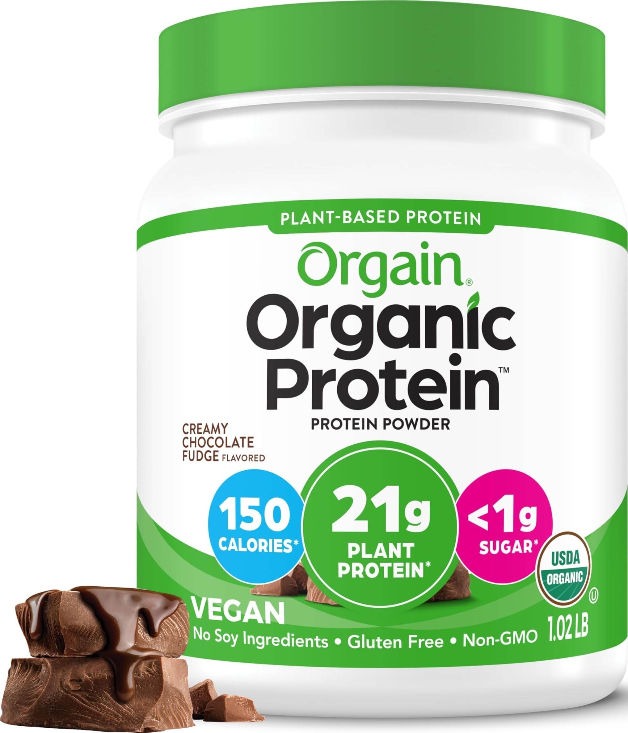 Orgain envase frontal de Creamy Chocolate Fudge mostrando diseño y tamaño del producto