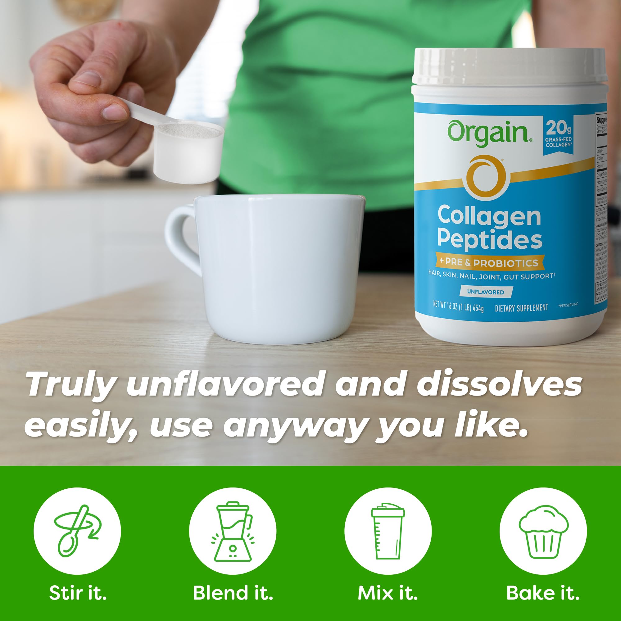 Orgain junto a una mesa de desayuno destacando estilo de vida saludable