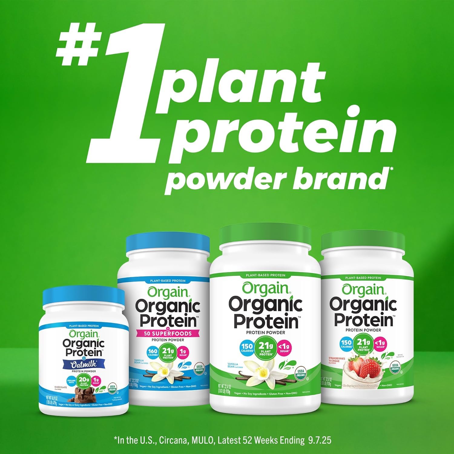 Orgain etiqueta nutricional destacando proteínas, fibra y certificado orgánico