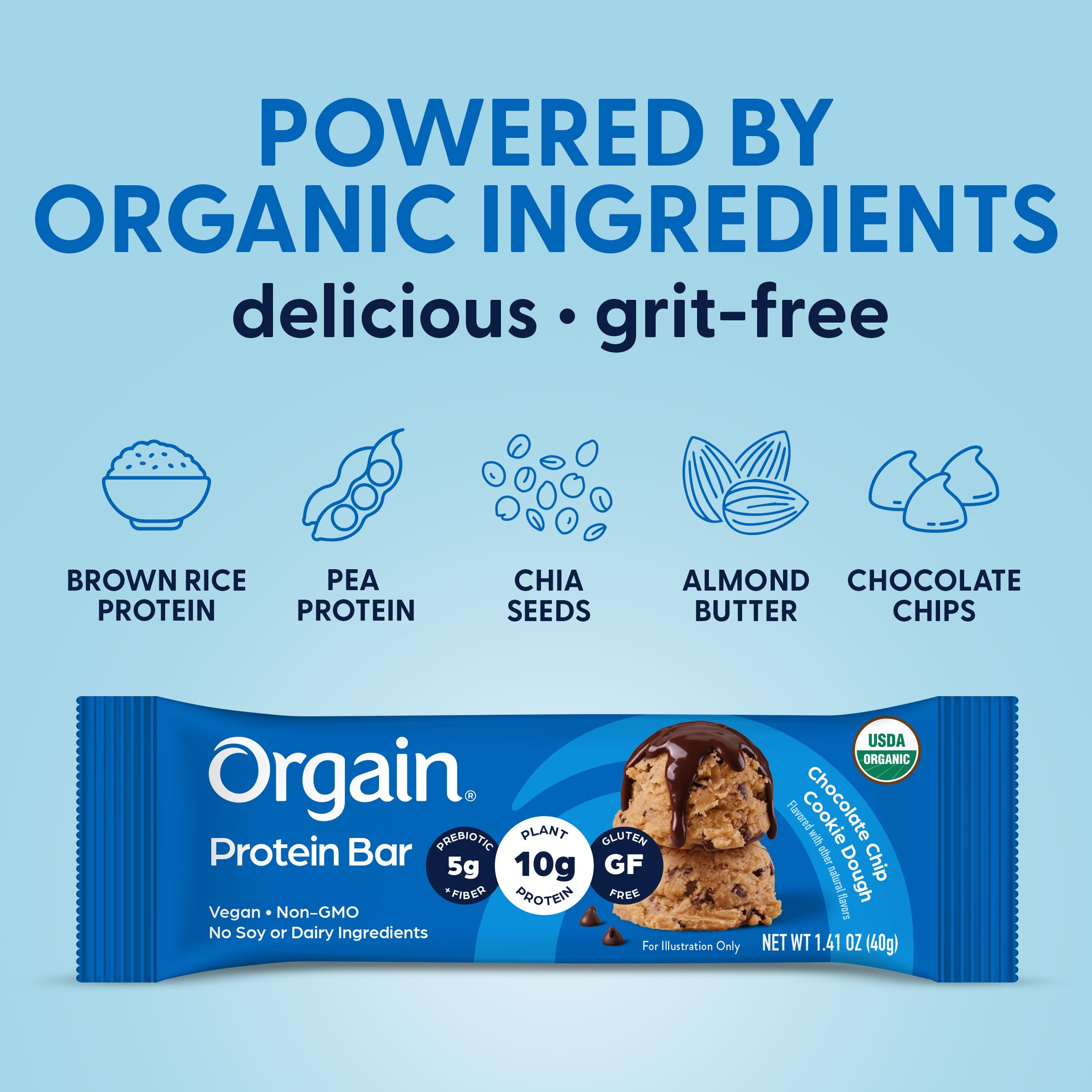 Orgain etiqueta nutricional destacando 10 g proteína y 150 calorías
