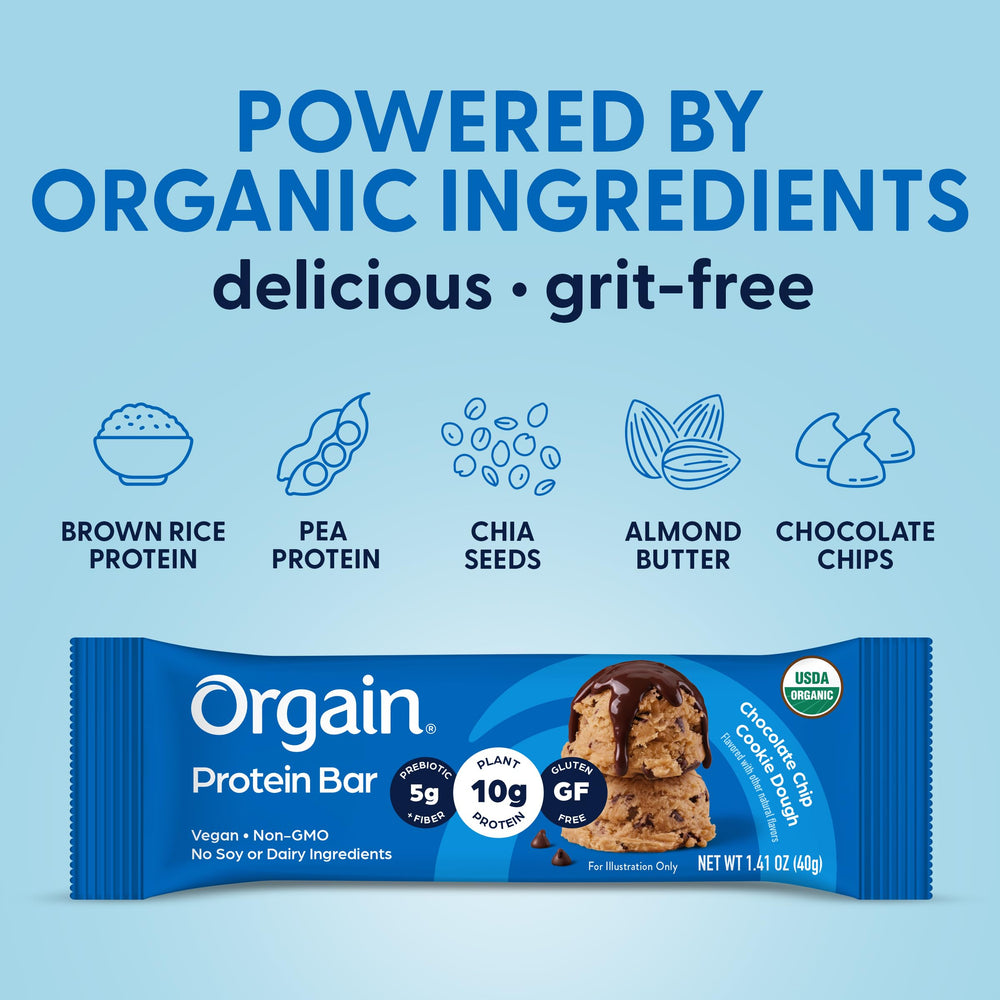 Orgain etiqueta nutricional destacando 10 g proteína y 150 calorías