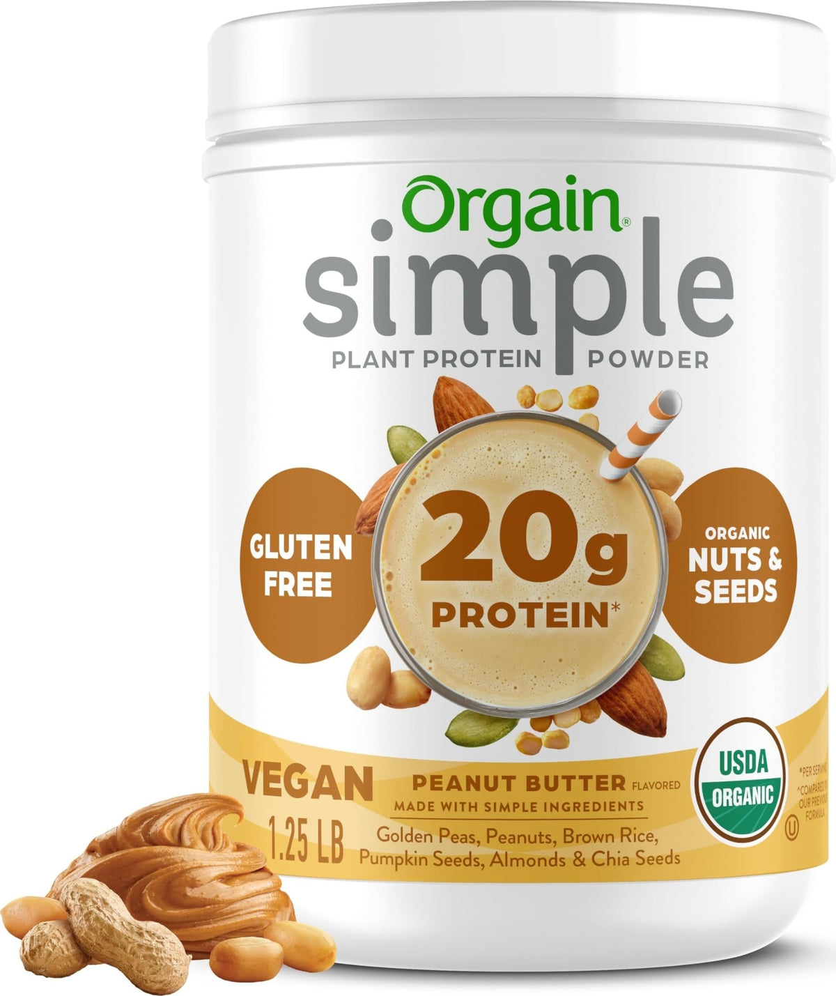 Orgain frente del envase mantequilla de cacahuate mostrando sello orgánico y 20 g proteína