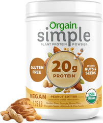 Orgain frente del envase mantequilla de cacahuate mostrando sello orgánico y 20 g proteína