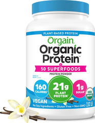 Orgain envase frontal sabor Vainilla Bean que muestra certificación orgánica y beneficios
