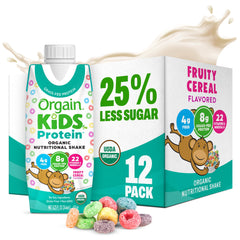 Orgain frente del envase mostrando sabor Fruity Cereal y conveniencia