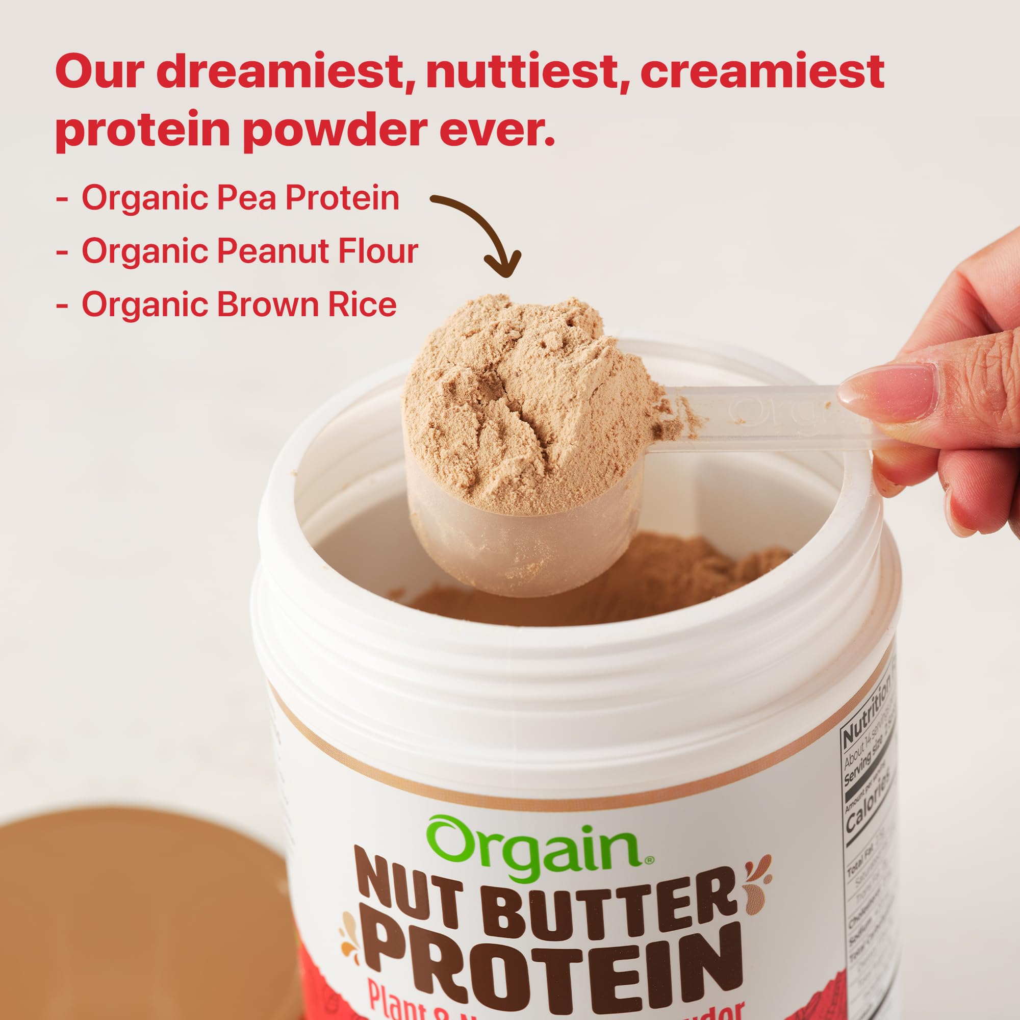 Orgain X Justin's batido servido resaltando sabor chocolate cacahuate