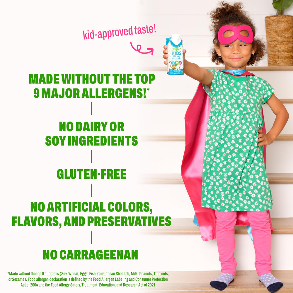 Orgain fruit and veggie blend illustration showing ingredients like spinach and beet for added nutrition benefit