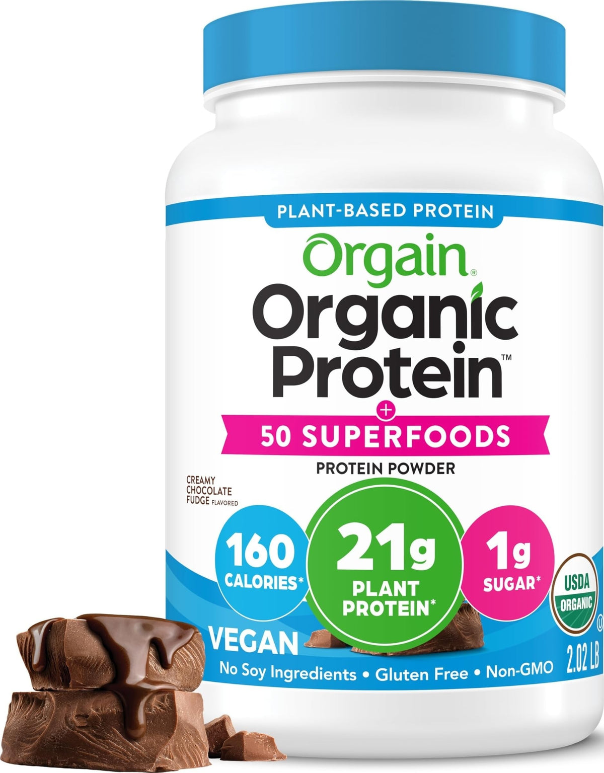 Orgain envase frontal de polvo Chocolate mostrando la marca y beneficio proteico