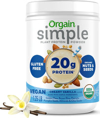 Orgain envase frontal del polvo mostrando el tamaño y fuente de proteína