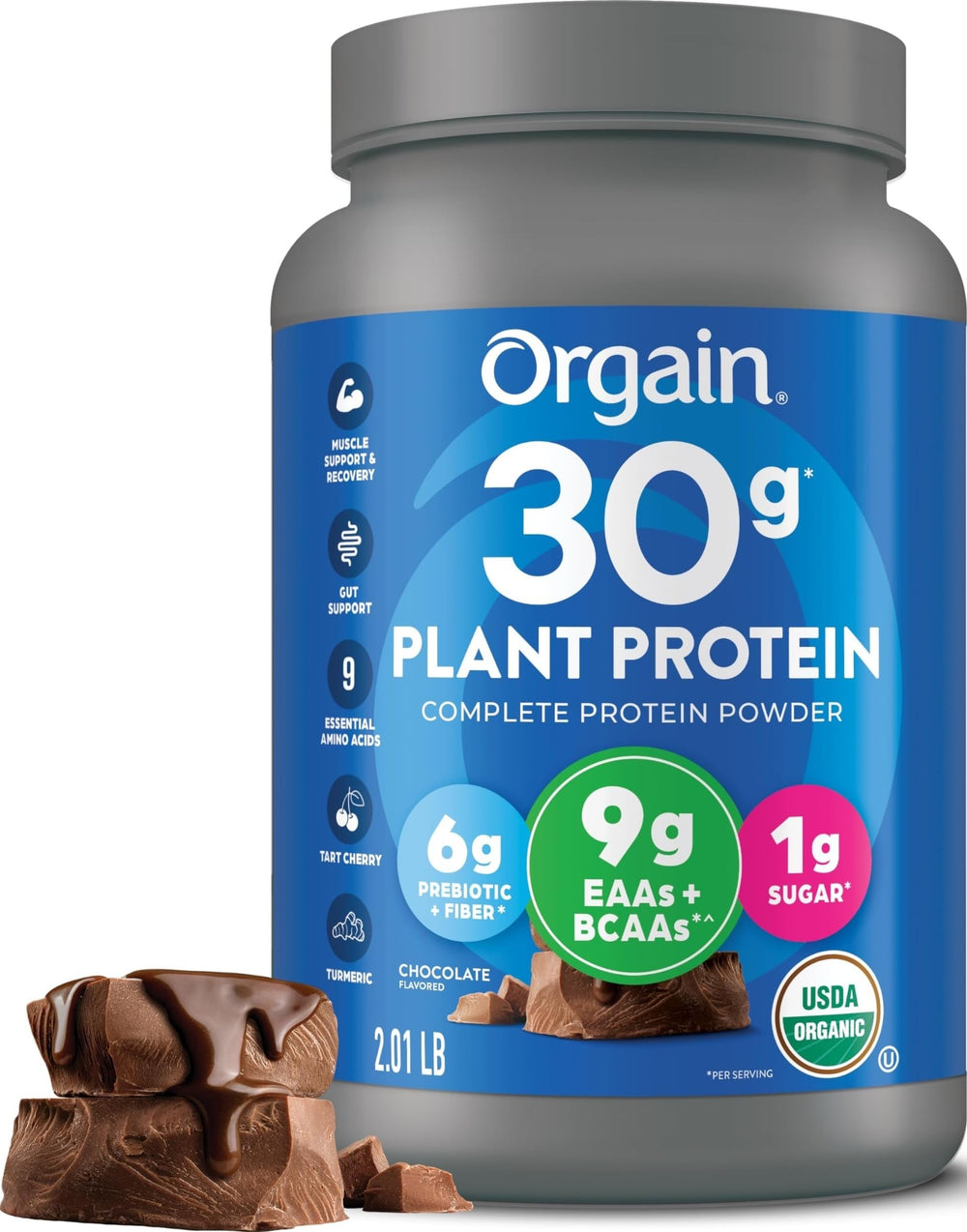 Orgain envase frontal chocolate mostrando tamaño y diseño de marca