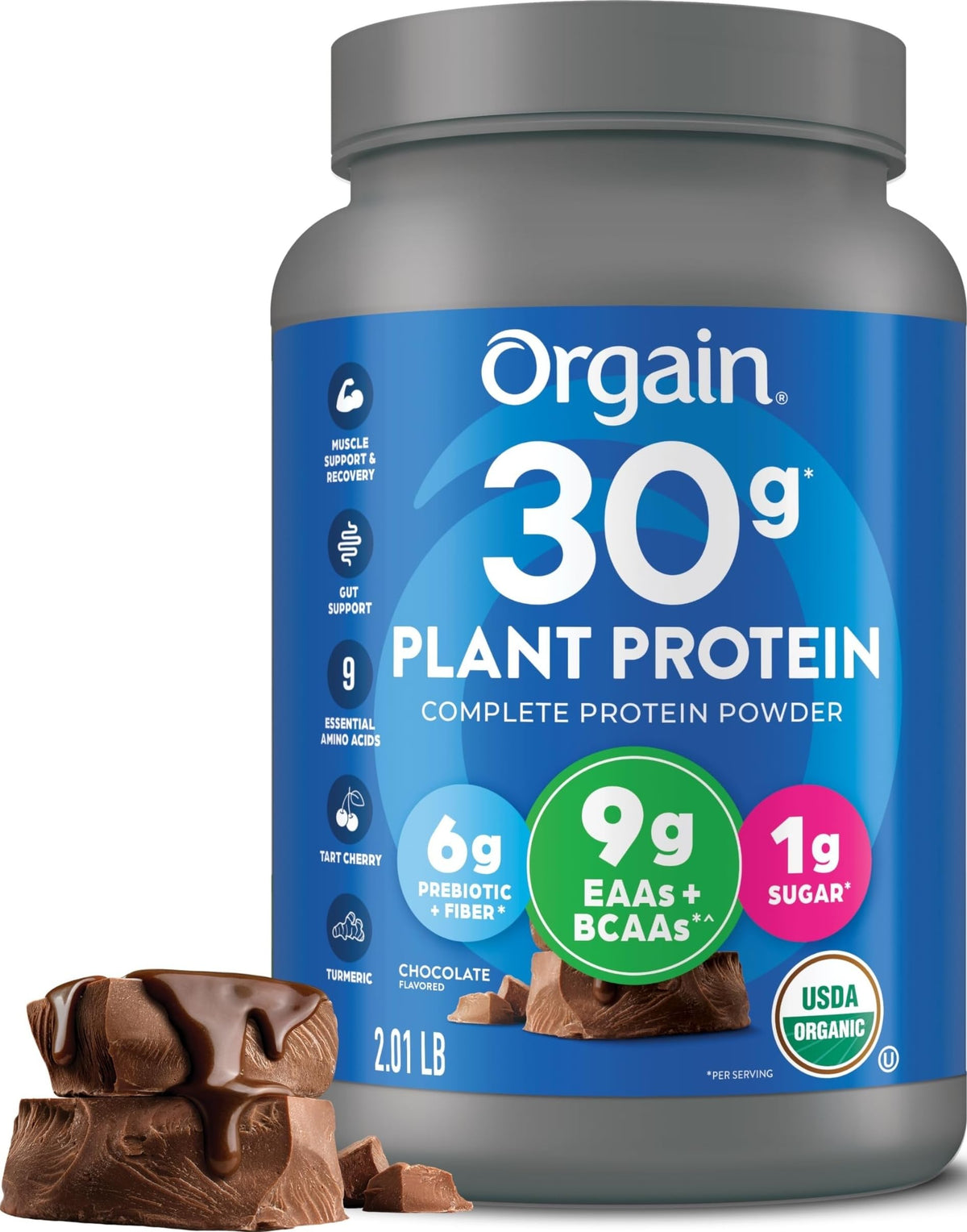 Orgain envase frontal chocolate mostrando tamaño y diseño de marca