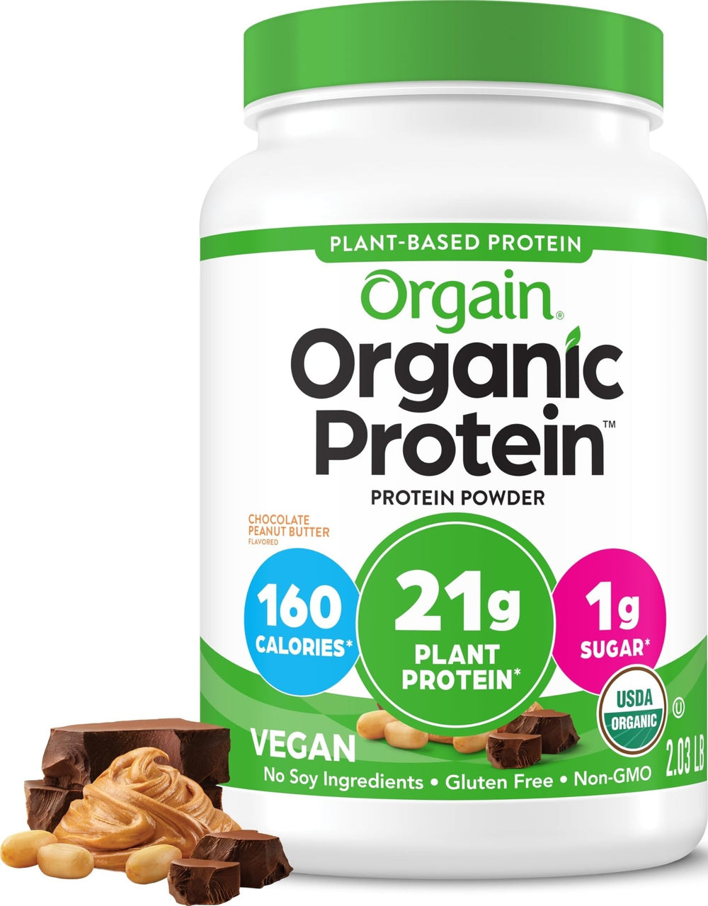 Orgain empaque frontal sabor Chocolate Peanut Butter mostrando la marca y formato
