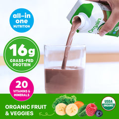 Orgain producto en mano para comparar tamaño y porción portátil