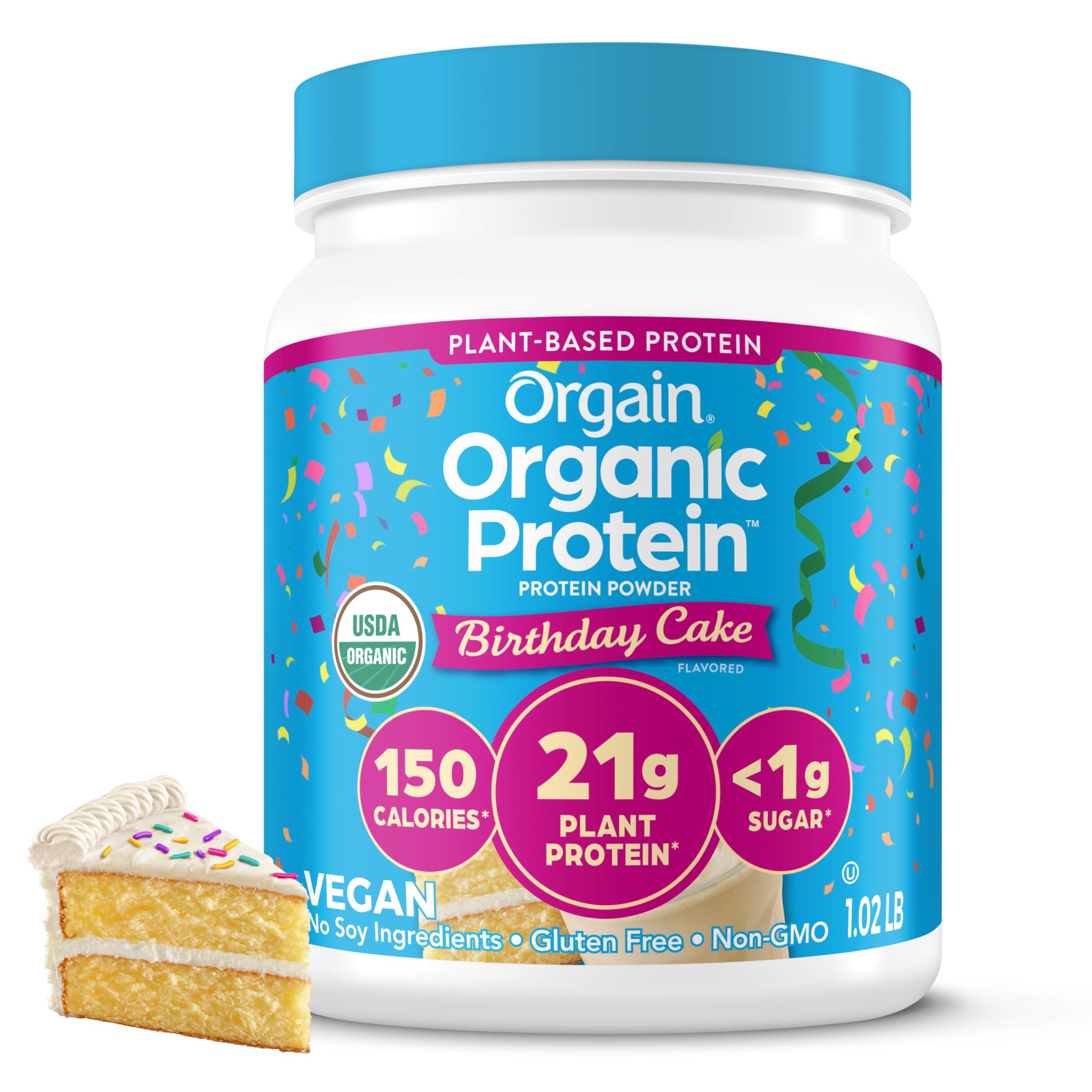 Orgain tarro frontal Birthday Cake mostrando etiqueta y beneficio limpio