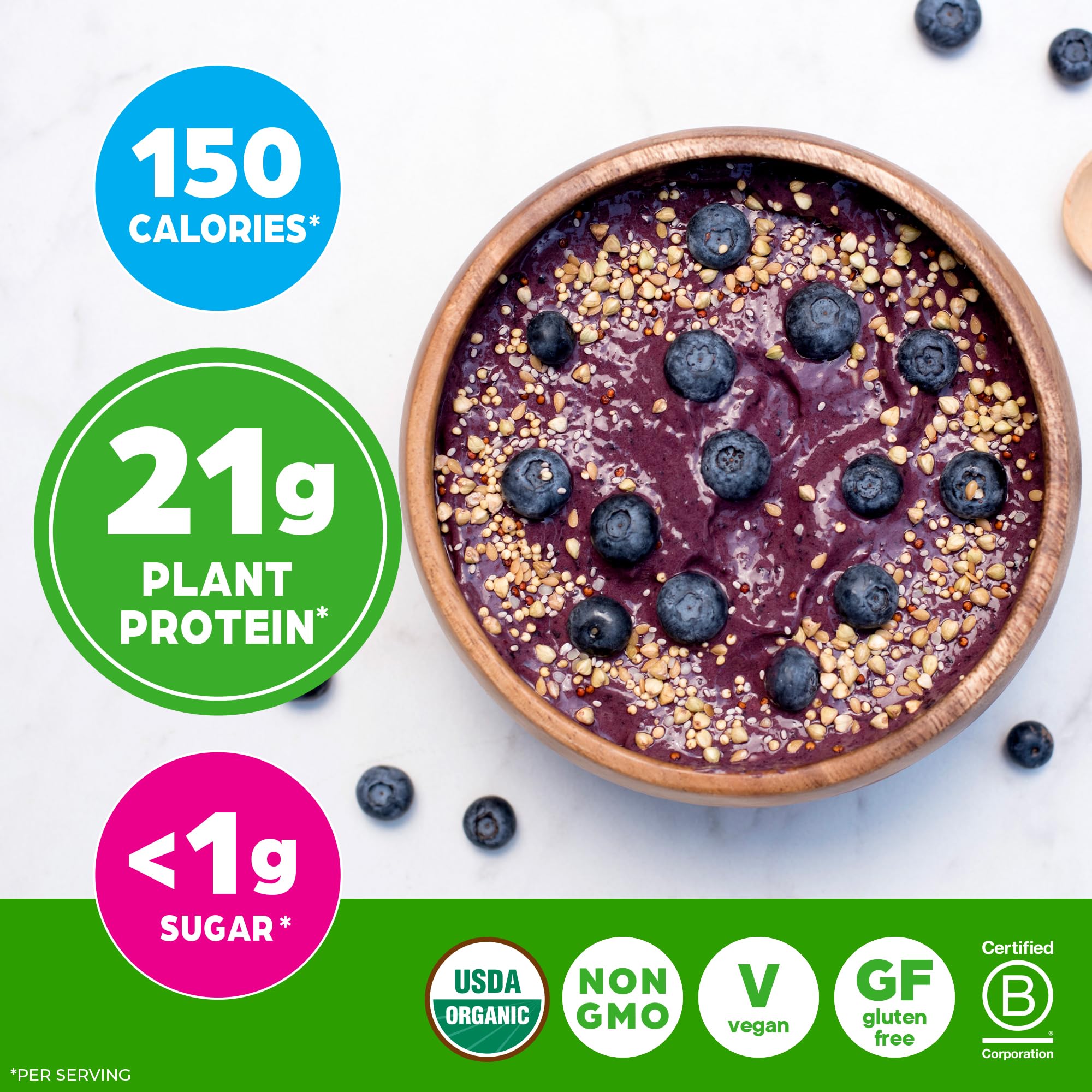 Orgain comparación de porción mostrando 21 g de proteína por sobre
