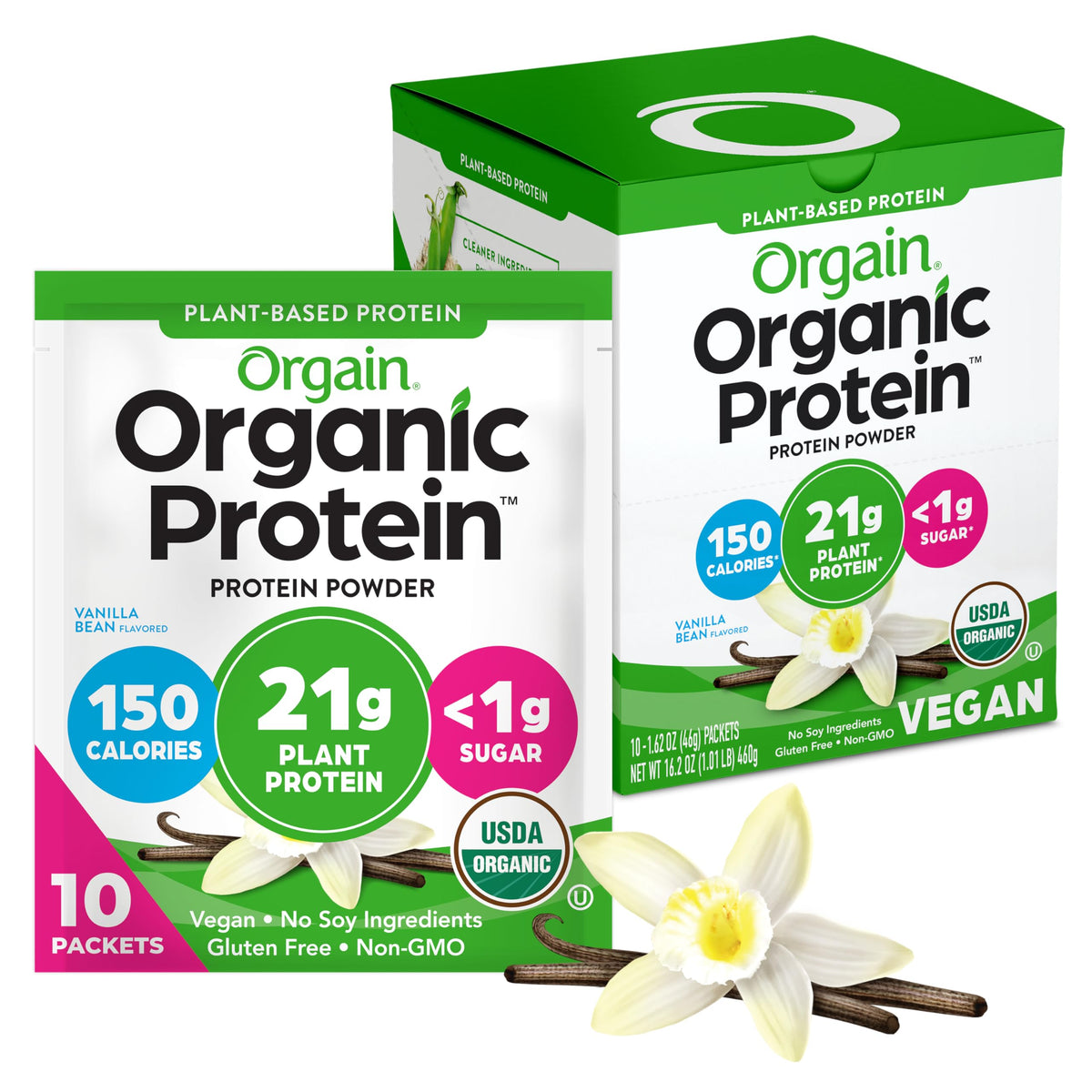 Orgain envase frontal con diseño que muestra proteína vegana y beneficios
