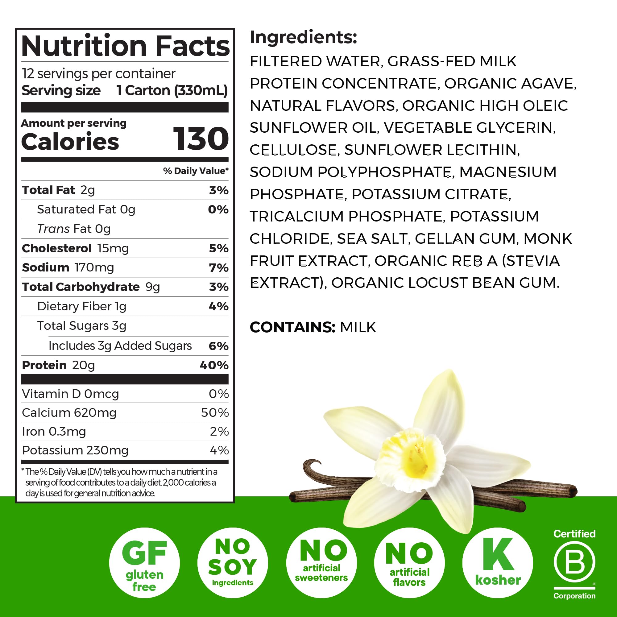 Orgain etiqueta con ingredientes limpios y lista de sin aditivos