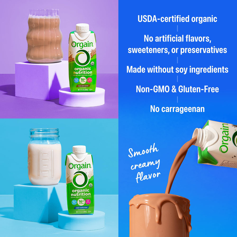 Orgain variedad de sabores dispuestas, opciones de chocolate, vainilla, mocha y fresa
