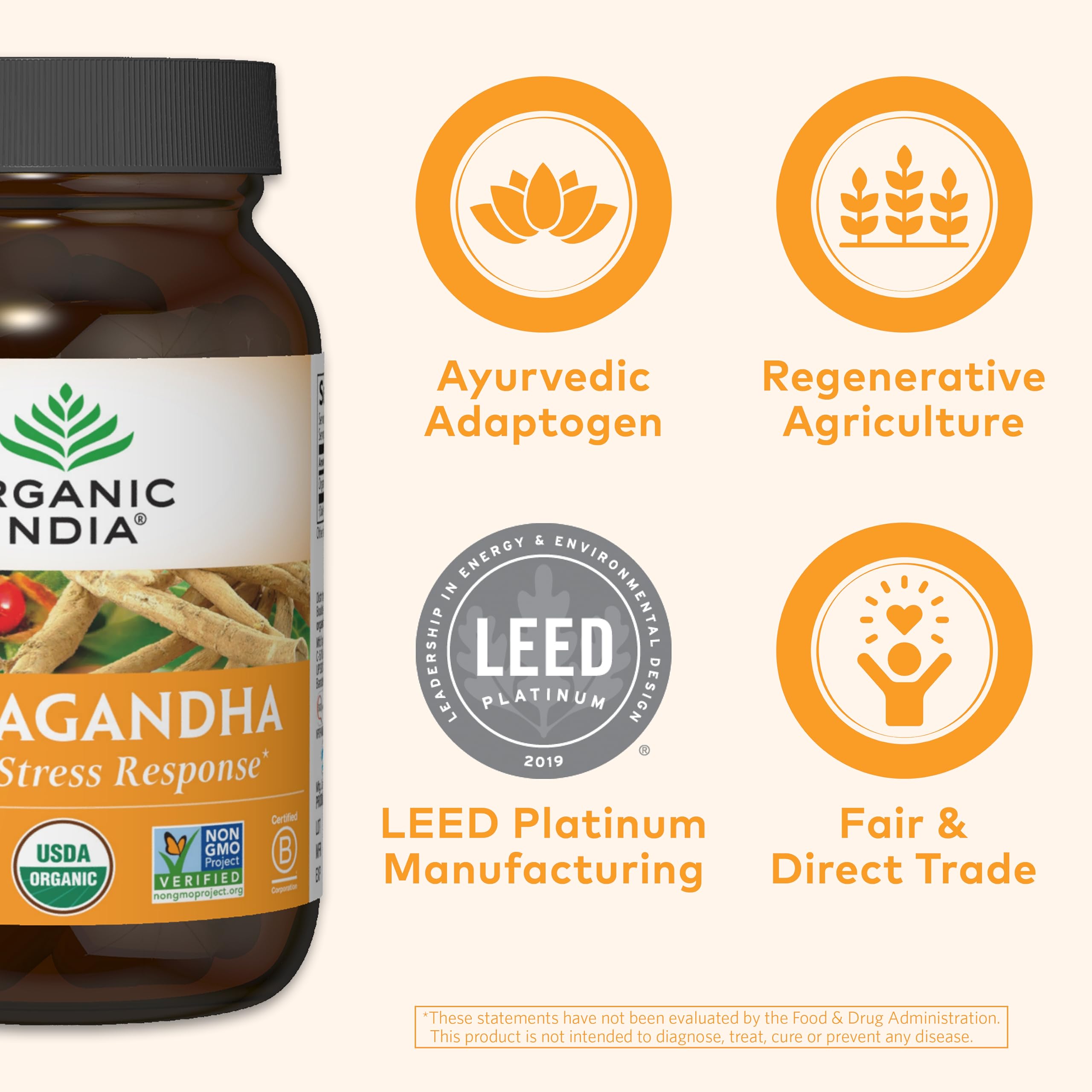 ORGANIC INDIA etiqueta con sellos orgánico, kosher y sin gluten certificadas