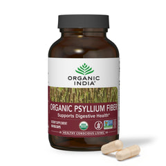 ORGANIC INDIA frontal del envase mostrando 180 cápsulas y etiqueta orgánica