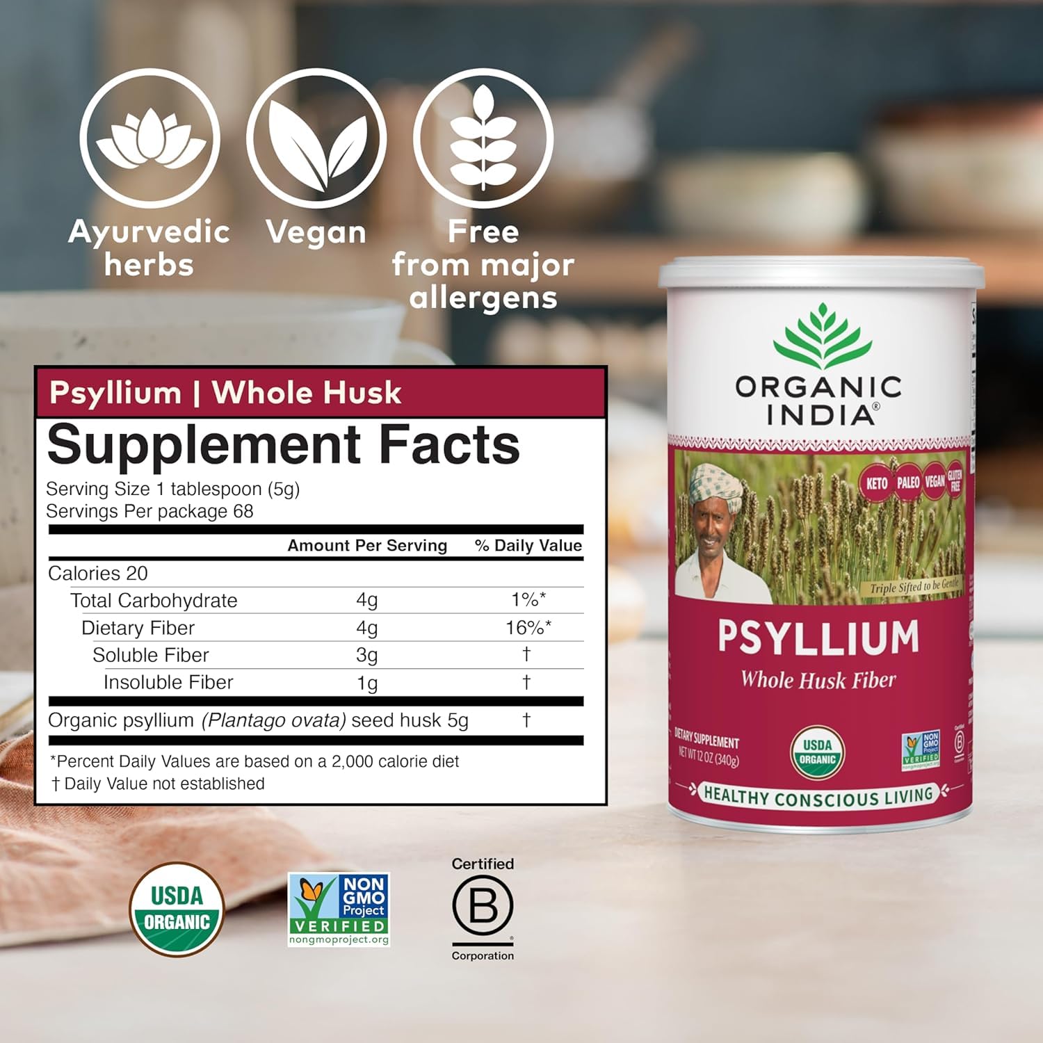 ORGANIC INDIA cuchara con porción de psyllium para comparar tamaño y dosificación