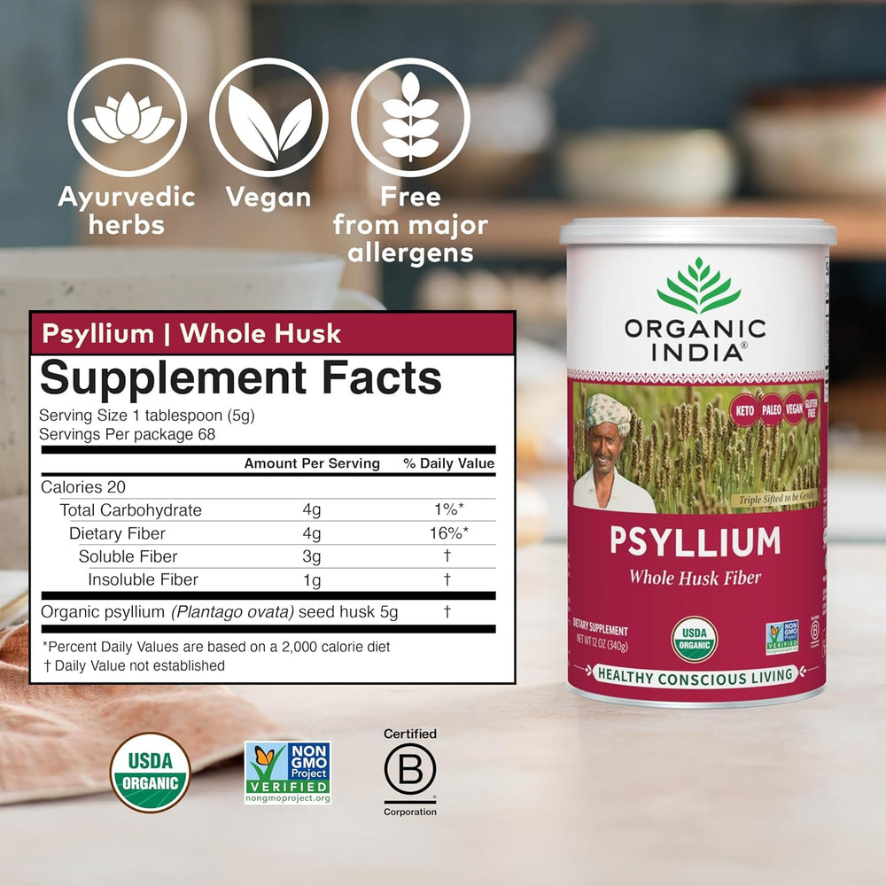 ORGANIC INDIA cuchara con porción de psyllium para comparar tamaño y dosificación