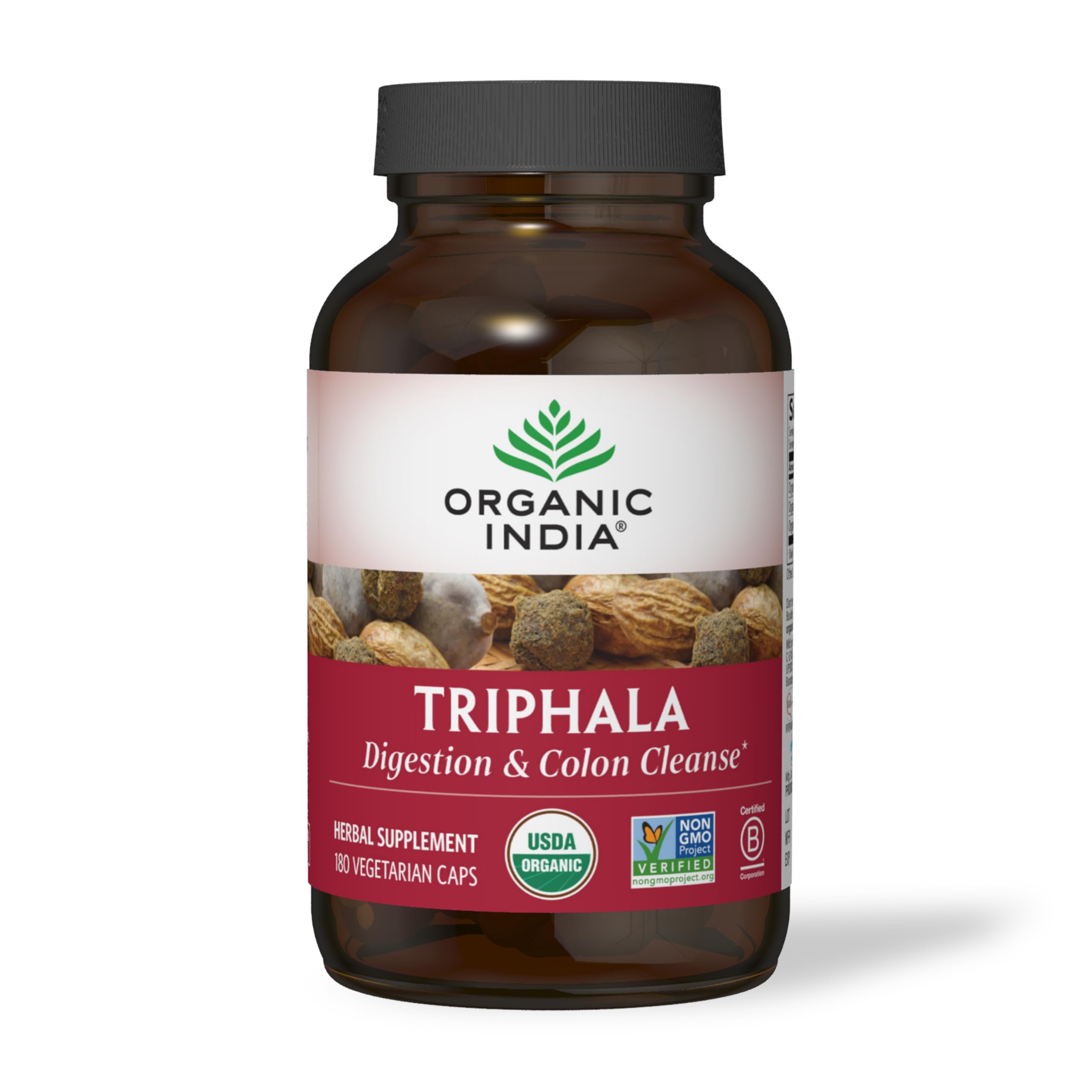 Organic India frasco frontal mostrando 180 cápsulas y etiqueta clara