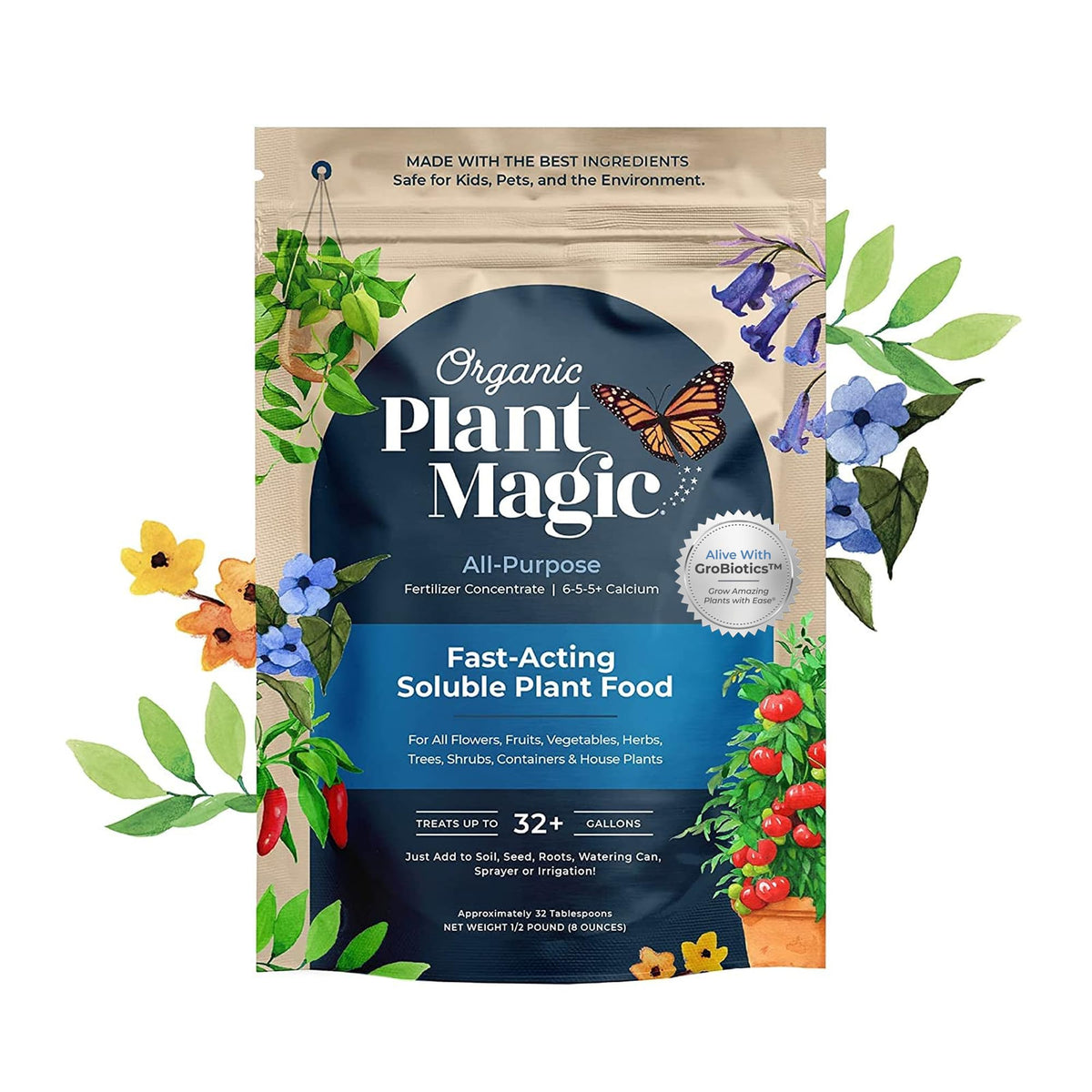 Organic Plant Magic frente del empaque mostrando cantidad y beneficios
