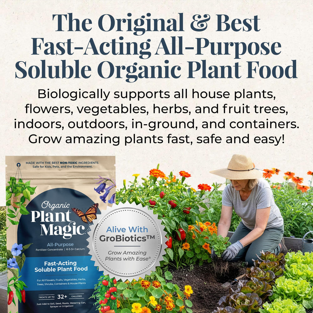 Organic Plant Magic polvo concentrado en primer plano para mezclar fácilmente