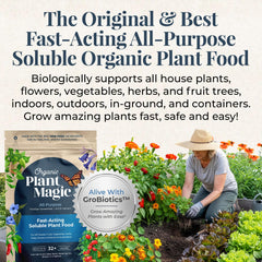 Organic Plant Magic polvo concentrado en primer plano para mezclar fácilmente