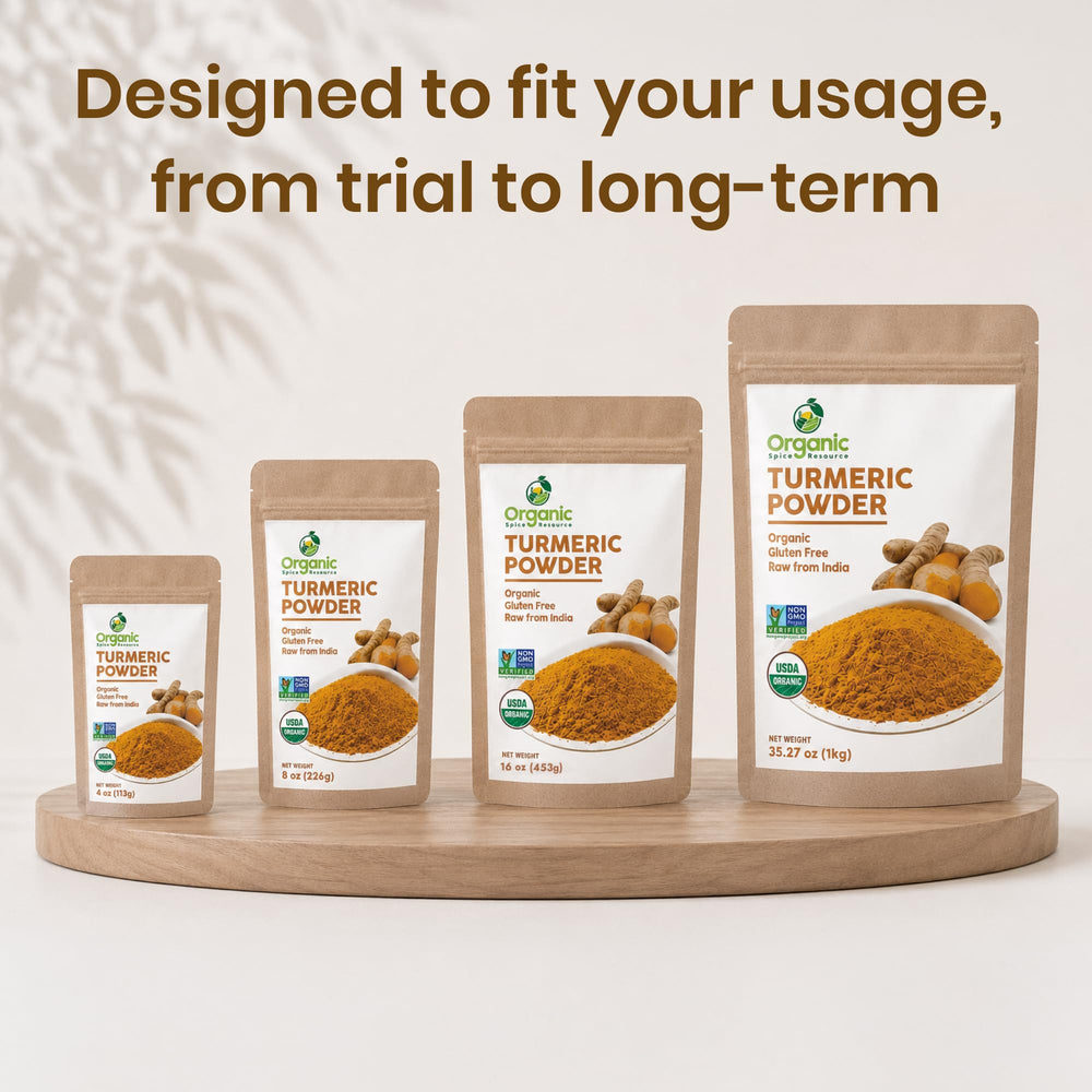 Organic Spice Resource uso en cocina añadiendo cúrcuma a una cazuela caliente