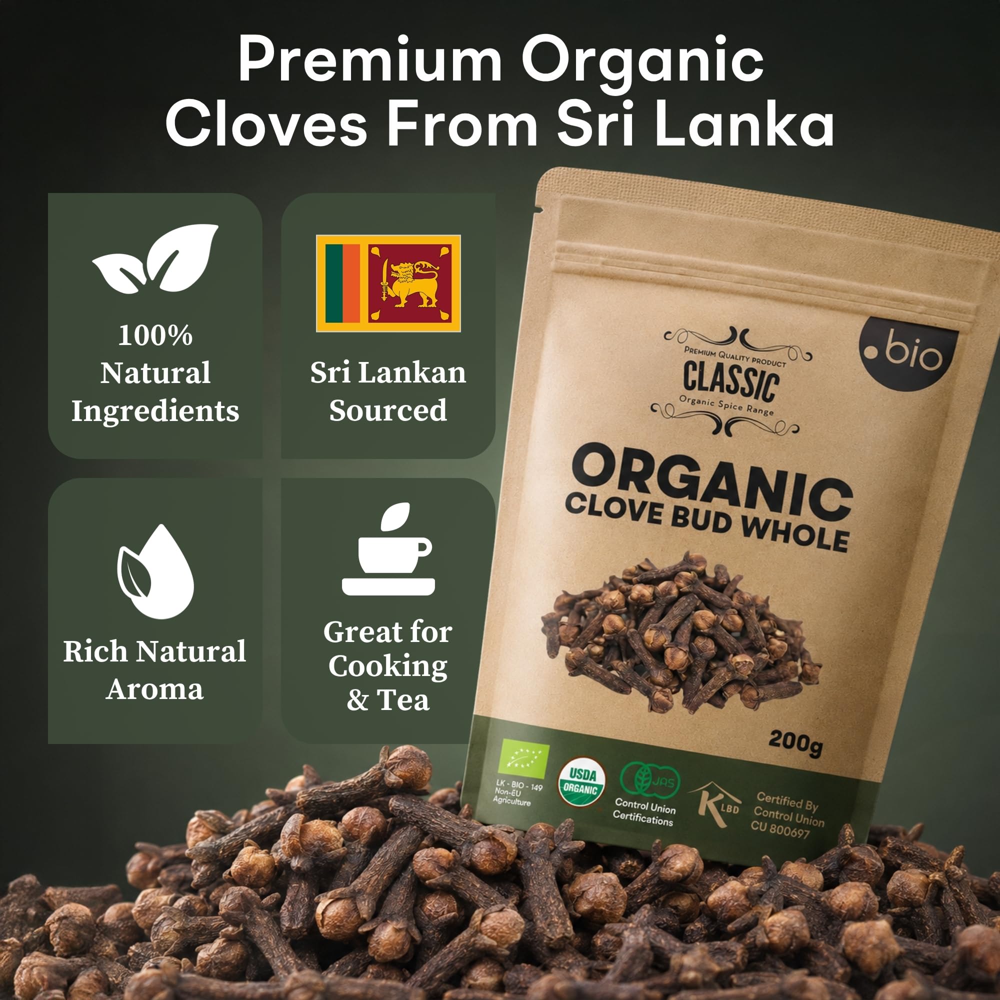 Organic Spice Shop etiqueta del producto destacando origen Sri Lanka