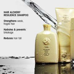 Oribe Hair Alchemy en ducha demostrando aplicación y protección capilar