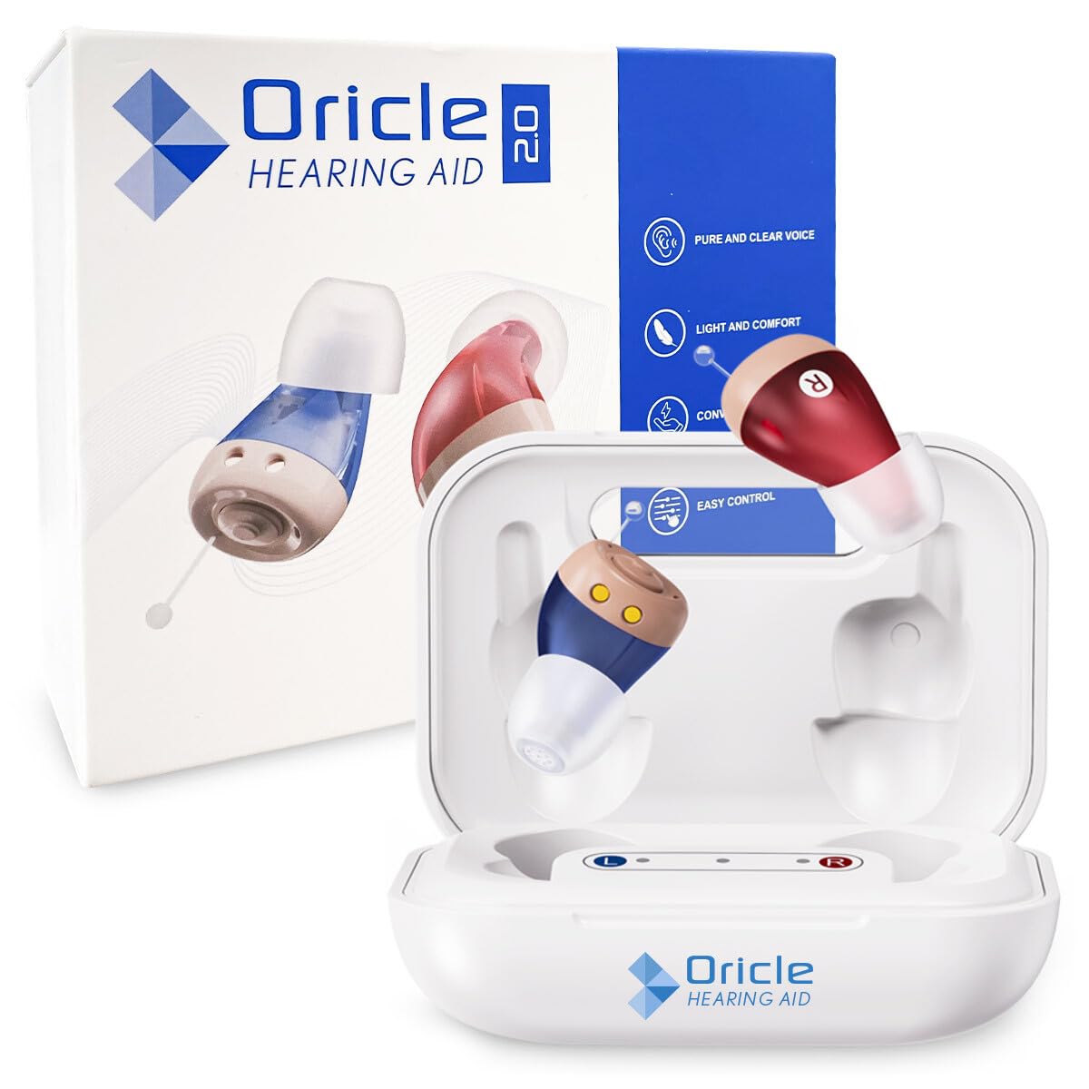 Oricle vista frontal del audífono y embalaje mostrando diseño compacto y discreción