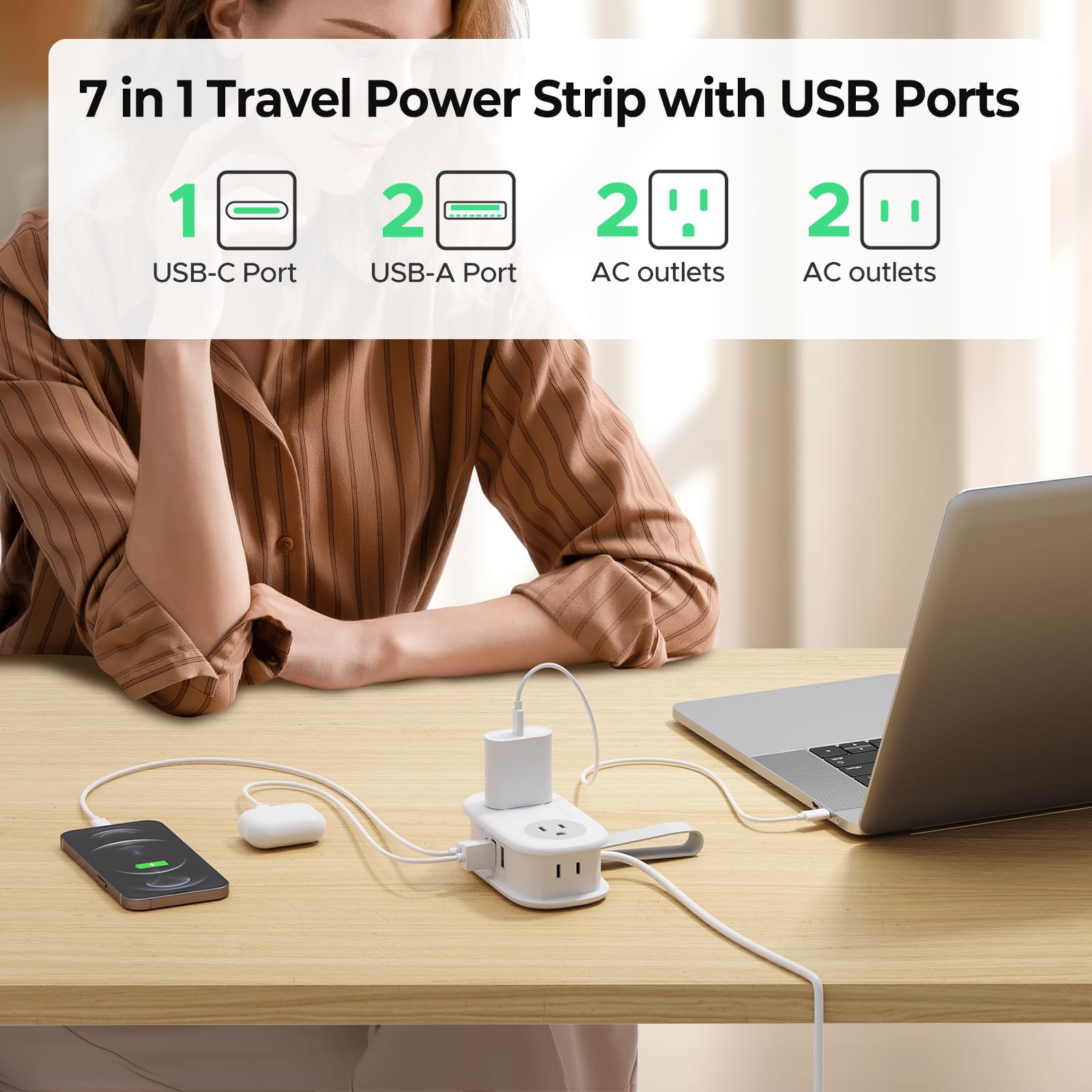 ORICO puertos: 4 AC, 2 USB-A y 1 USB-C para múltiples dispositivos