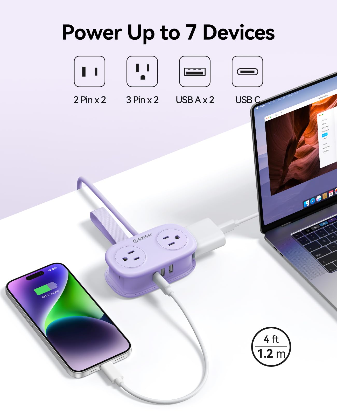 ORICO Purple Cruise primeros planos de puertos USB-A y USB-C, conexiones rápidas y organizadas