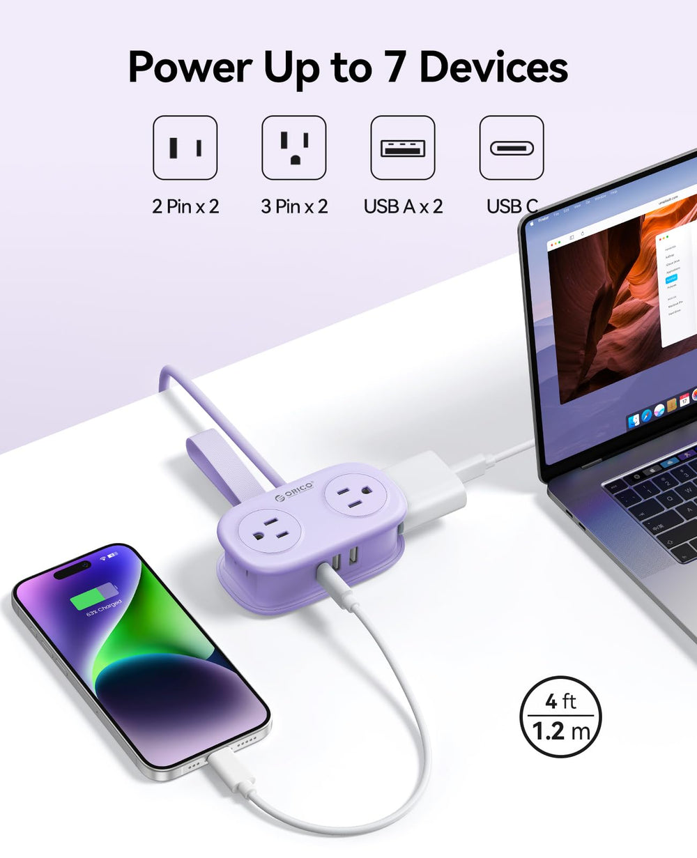 ORICO Purple Cruise primeros planos de puertos USB-A y USB-C, conexiones rápidas y organizadas