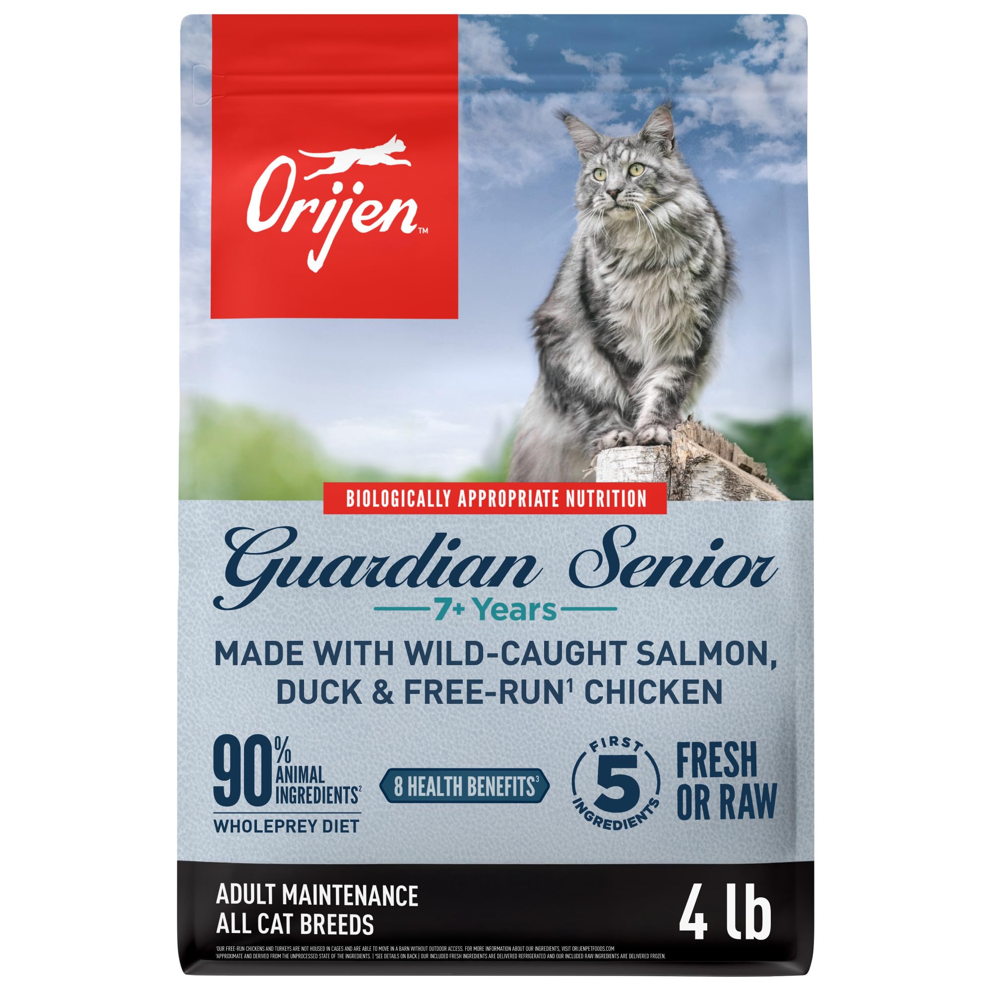 ORIJEN empaque frontal 4 lb mostrando fórmula Guardian Senior y beneficios