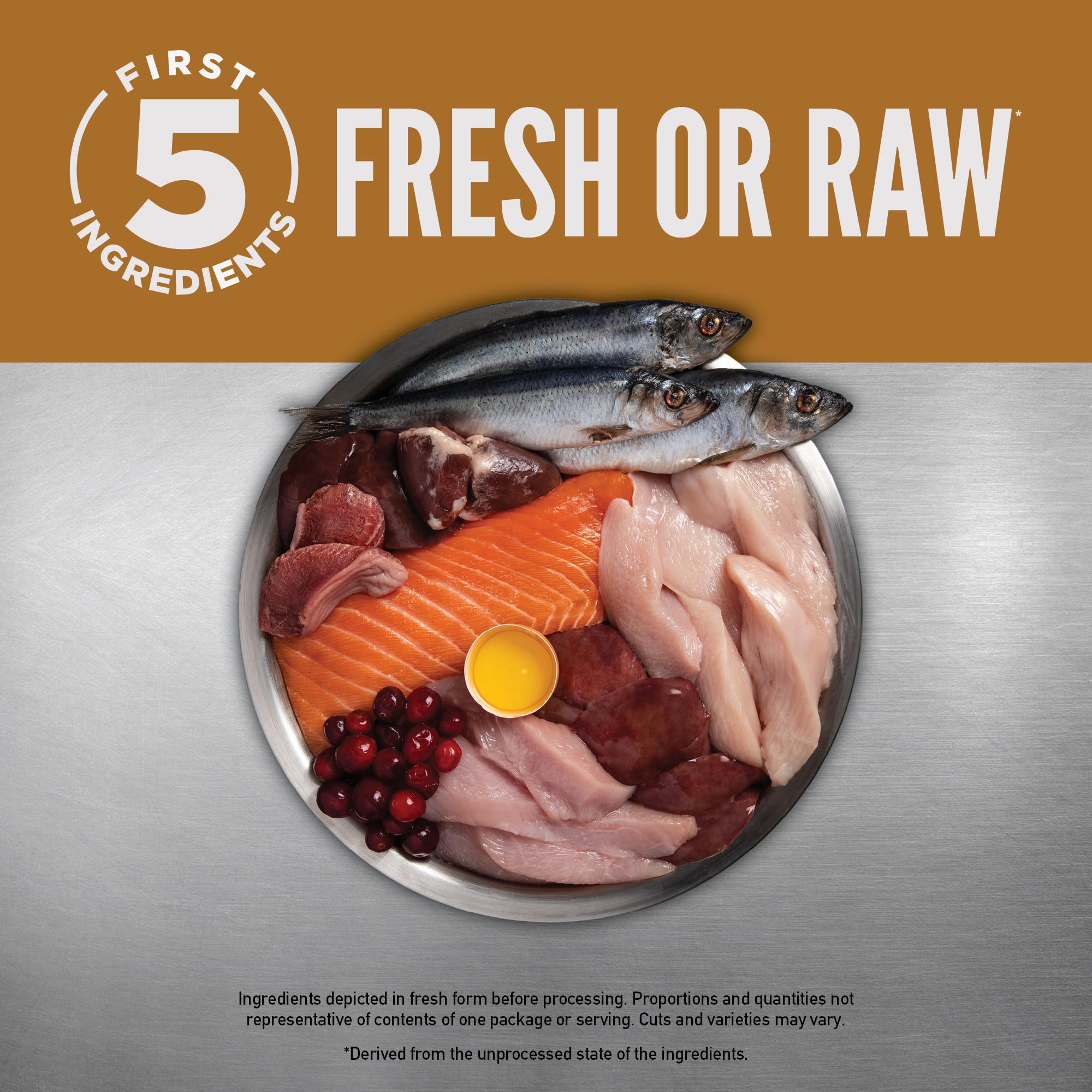 ORIJEN carnes y pescado frescos como ingredientes principales visibles